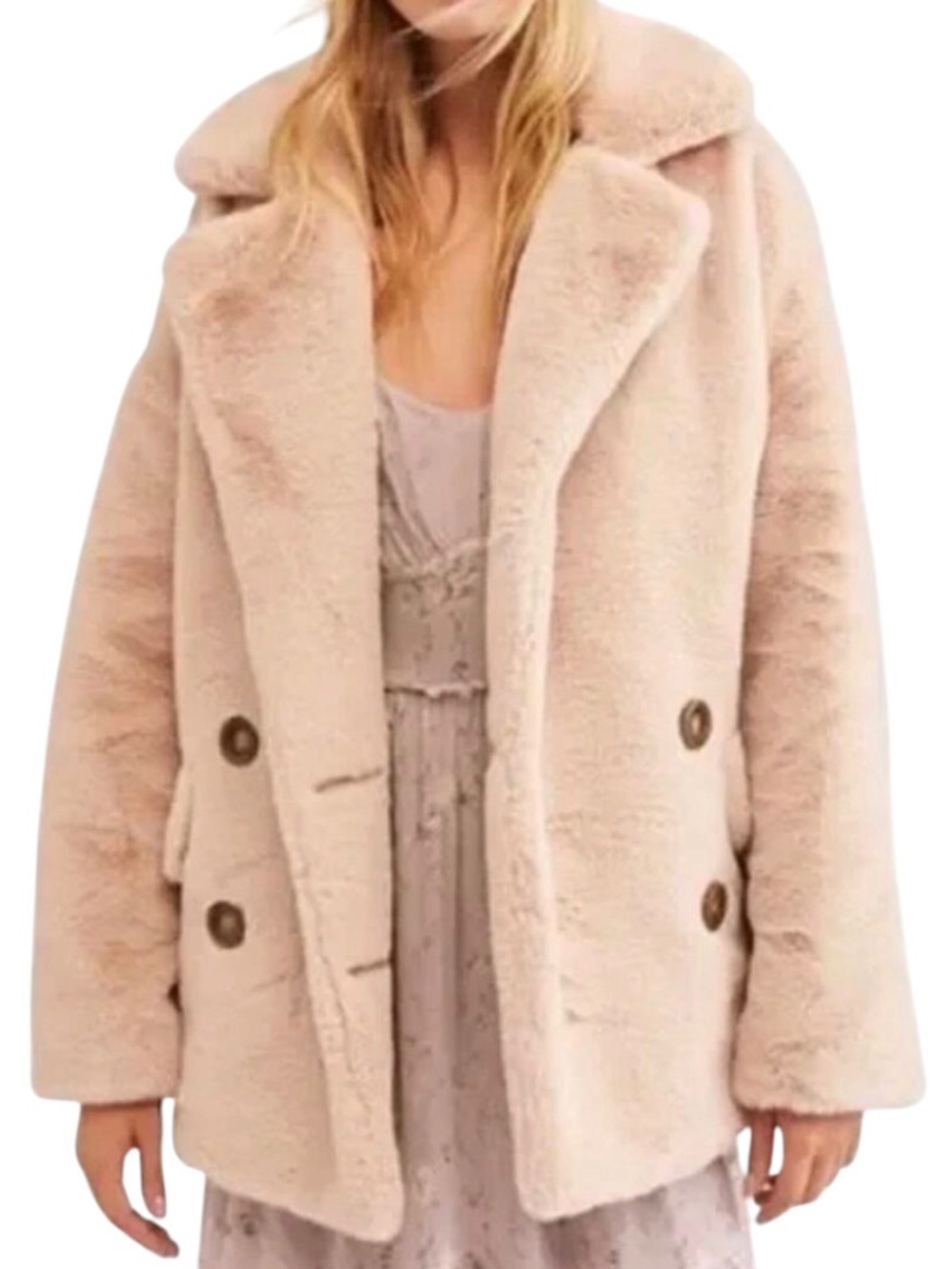 EUC Free People Kate Faux Fur Jacket Women's Small Blush Tan Teddy Coat Comfy